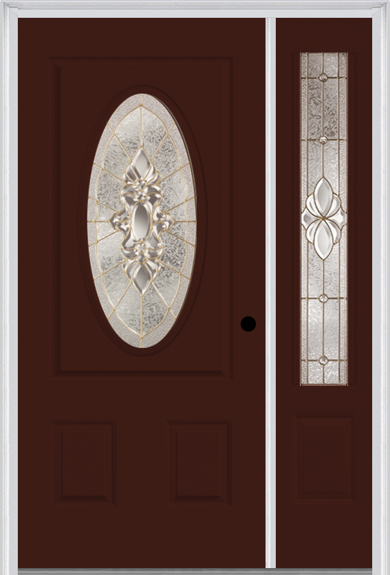 MMI SMALL OVAL 2 PANEL 3'0" X 6'8" FIBERGLASS SMOOTH HEIRLOOMS BRASS OR HEIRLOOMS SATIN NICKEL EXTERIOR PREHUNG DOOR WITH 1 HEIRLOOMS BRASS/SATIN NICKEL 3/4 LITE DECORATIVE GLASS SIDELIGHT 949